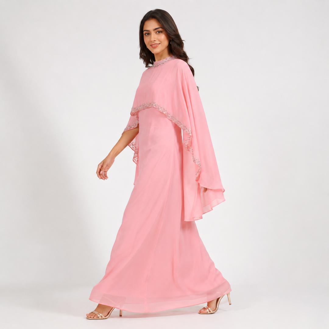Baby Pink Gown for Women | Cape Sleeve Maxi Dress Party Wear Pink