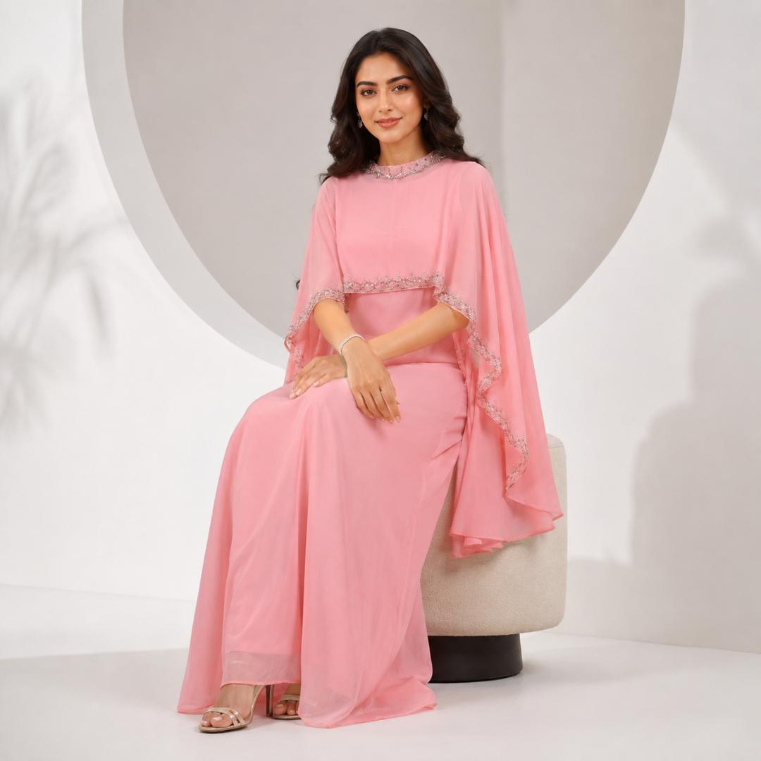 Baby Pink Gown for Women | Cape Sleeve Maxi Dress Party Wear Pink