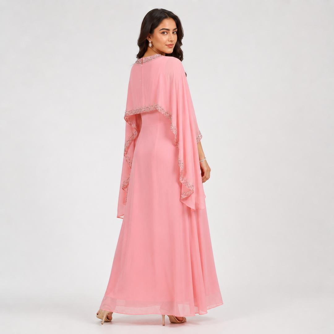 Baby Pink Gown for Women | Cape Sleeve Maxi Dress Party Wear Pink