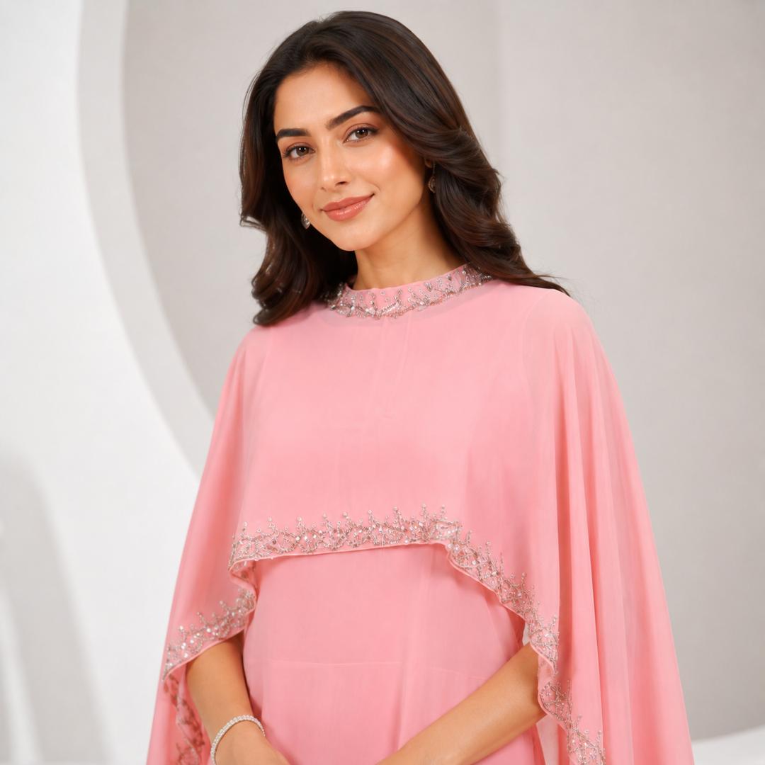 Baby Pink Gown for Women | Cape Sleeve Maxi Dress Party Wear Pink