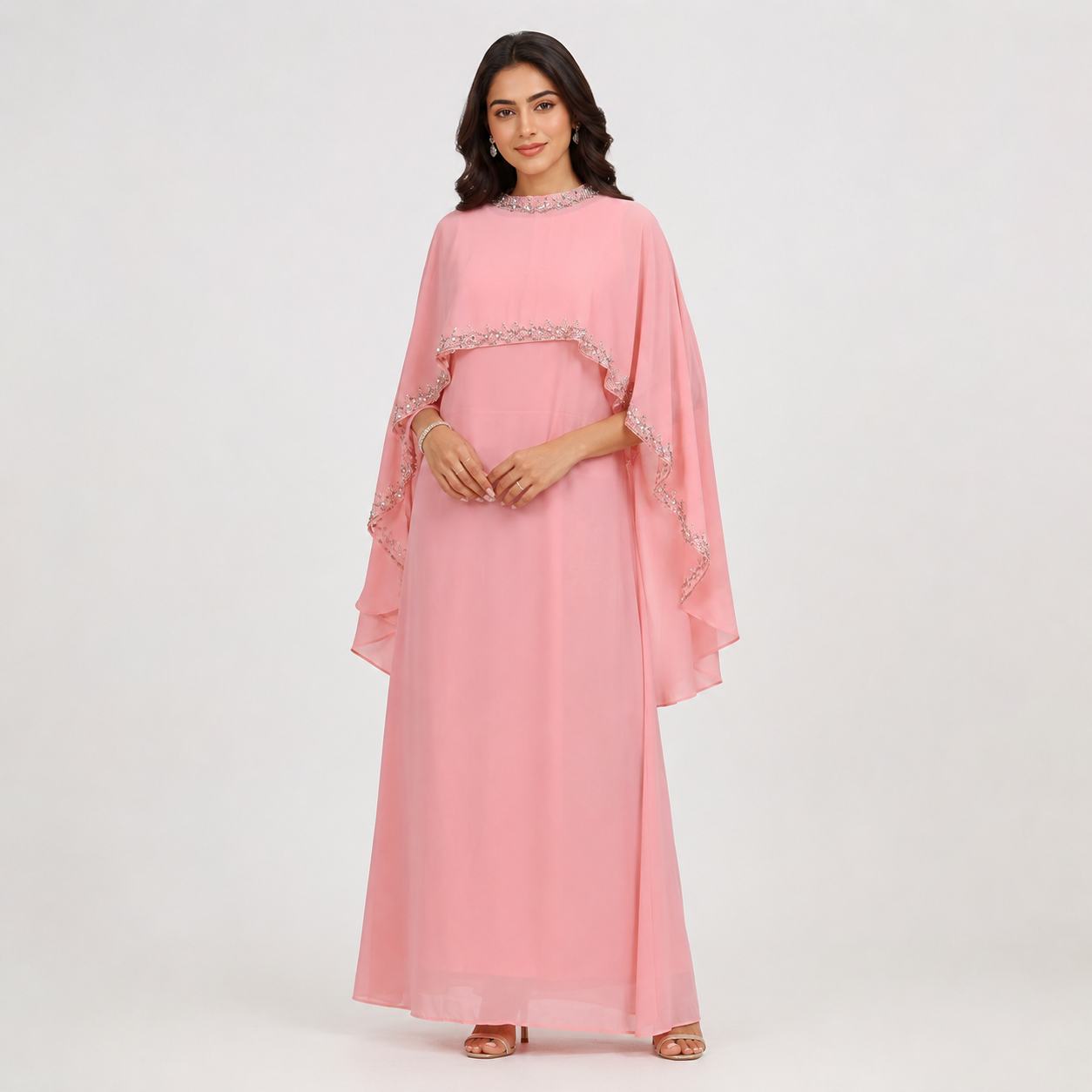 Baby Pink Gown for Women | Cape Sleeve Maxi Dress Party Wear Pink