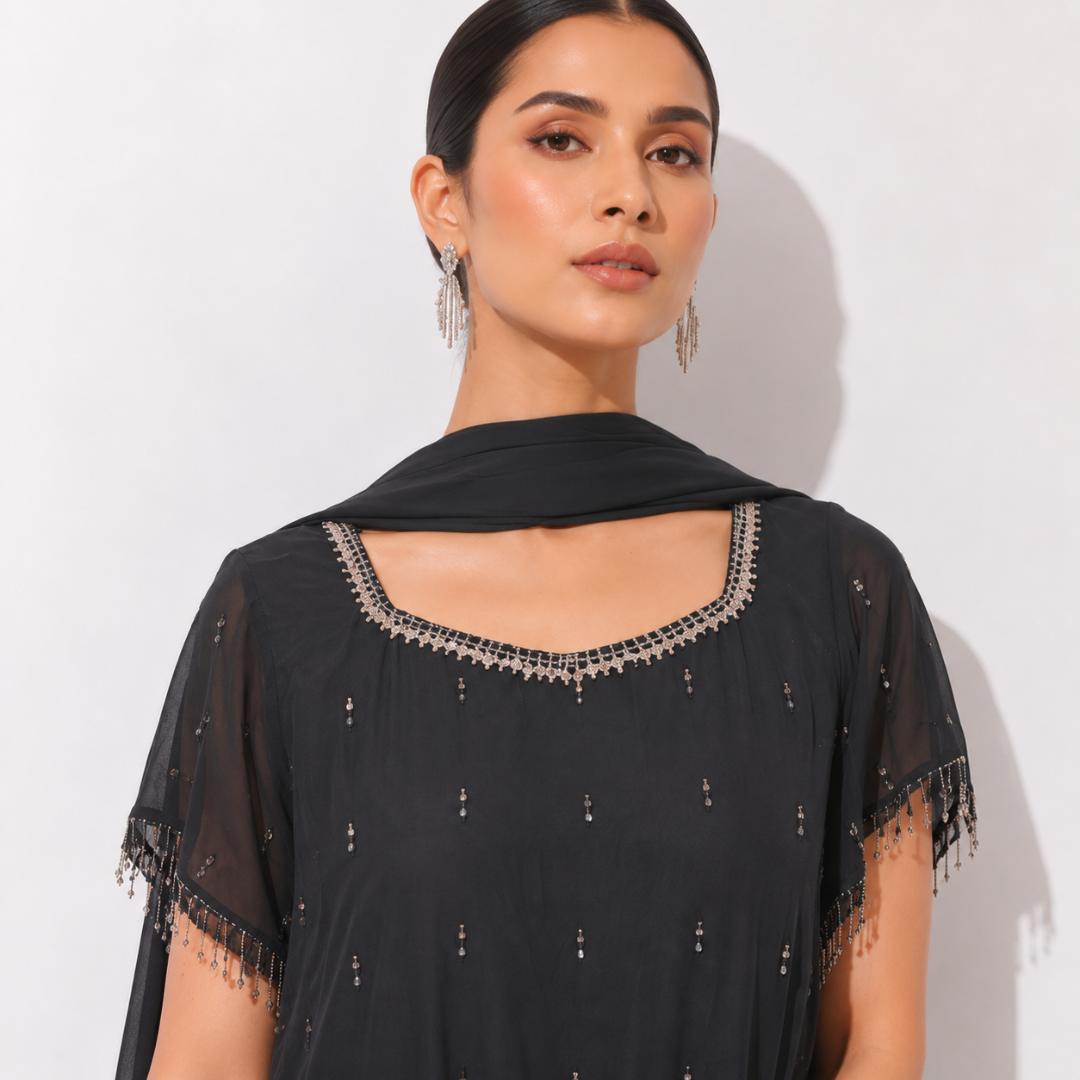 Black Cape Gown for Women | Georgette Party Wear Gown | Sequin Beaded
