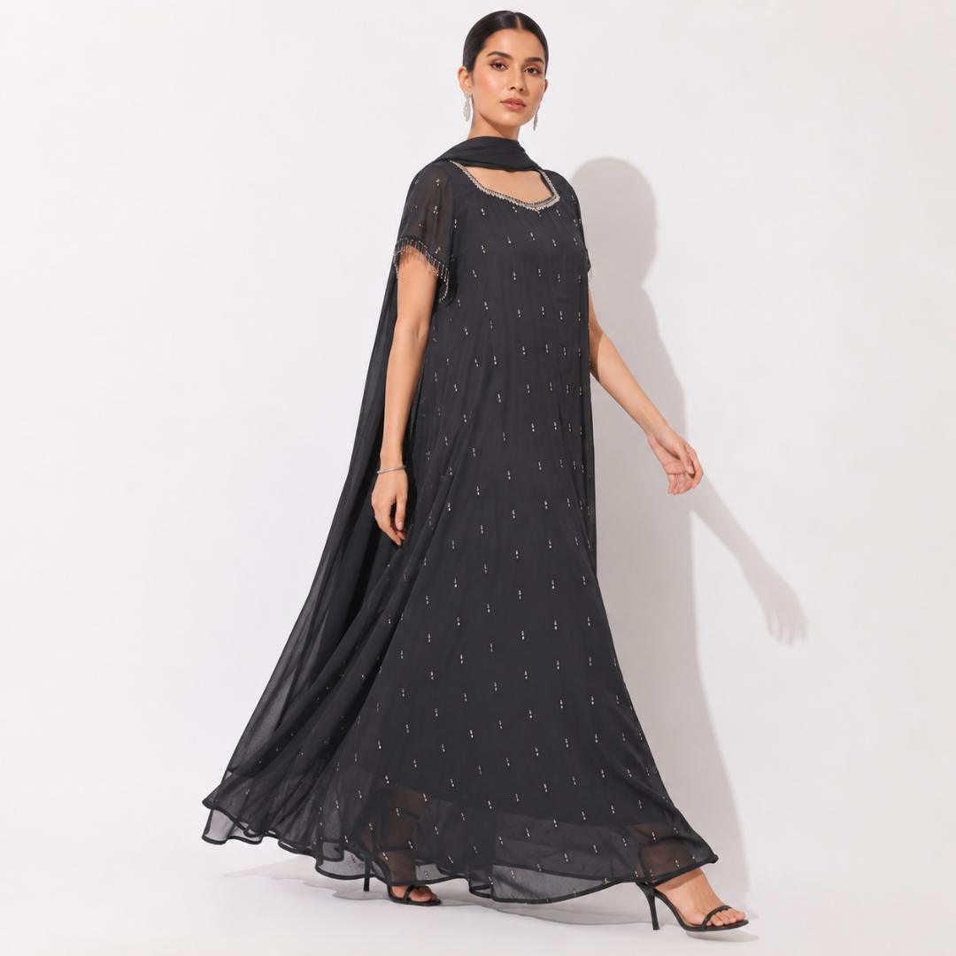 Black Cape Gown for Women | Georgette Party Wear Gown | Sequin Beaded