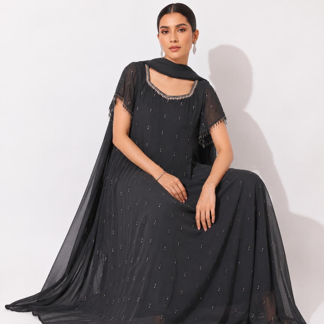 Black Cape Gown for Women | Georgette Party Wear Gown | Sequin Beaded