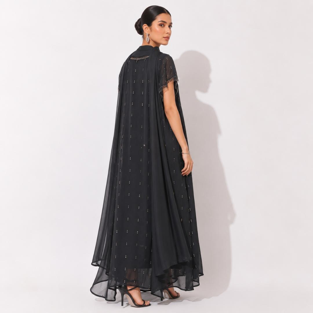 Black Cape Gown for Women | Georgette Party Wear Gown | Sequin Beaded