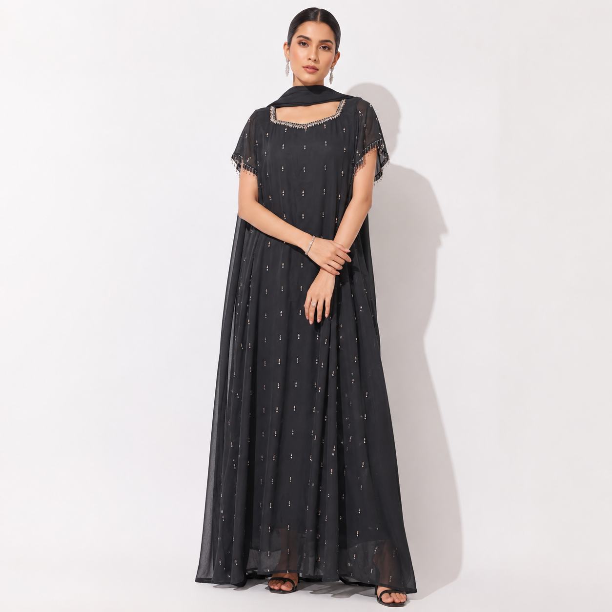 Black Cape Gown for Women | Georgette Party Wear Gown | Sequin Beaded