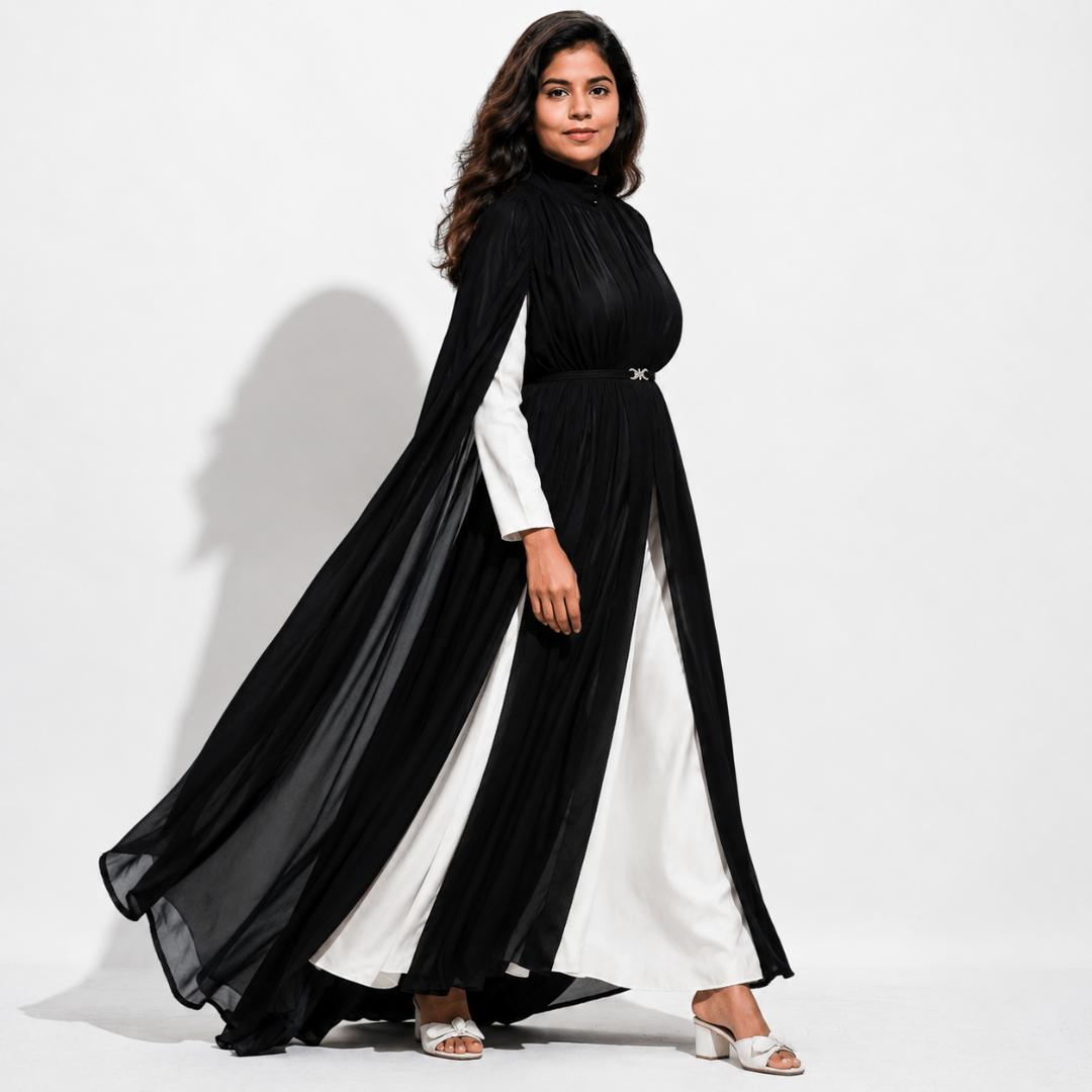 Black & Ivory Contrast Cape Sleeve Gown with Embellished Waist Belt