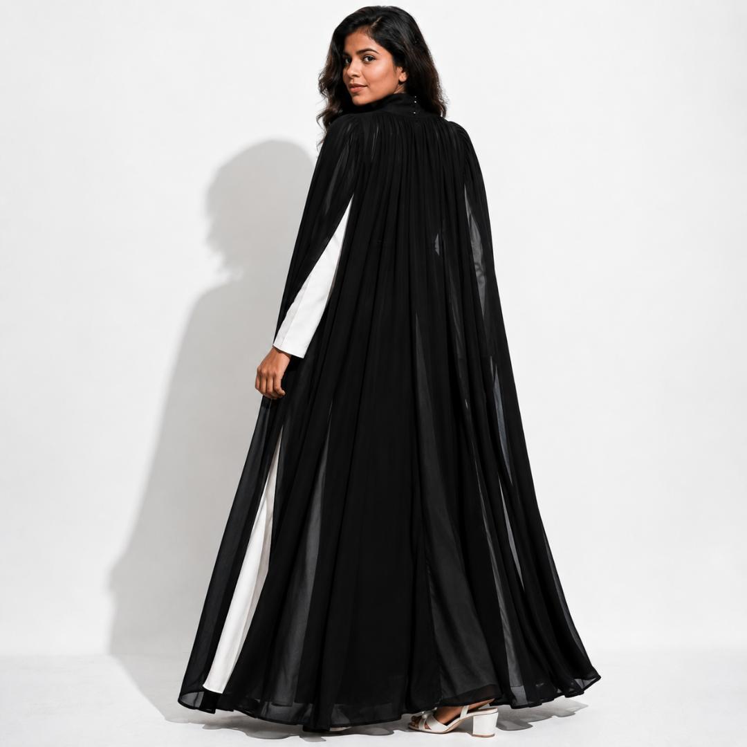 Black & Ivory Contrast Cape Sleeve Gown with Embellished Waist Belt