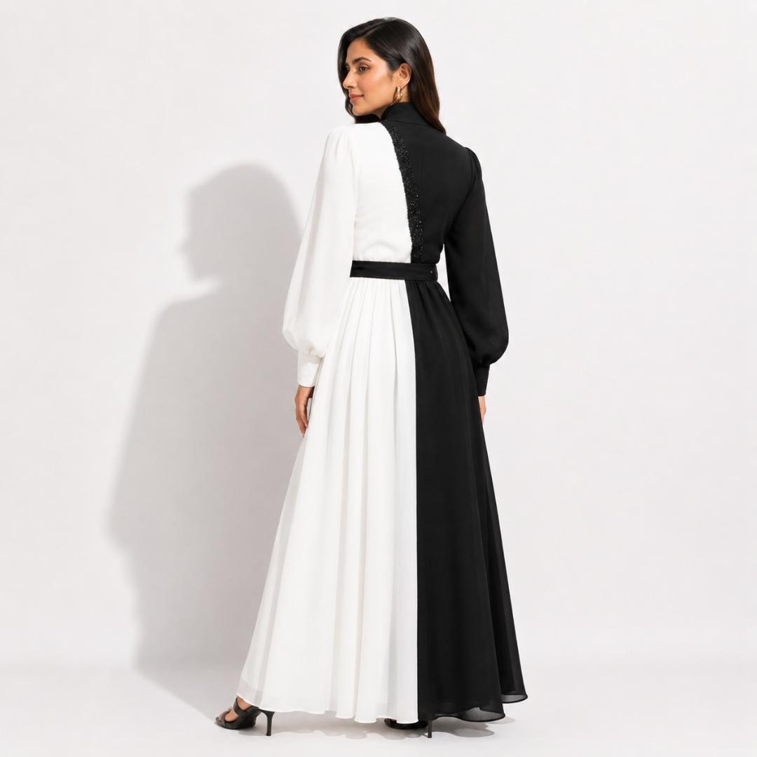Black & White Contrast High Neck Maxi Gown with Embellished Panel and Belt