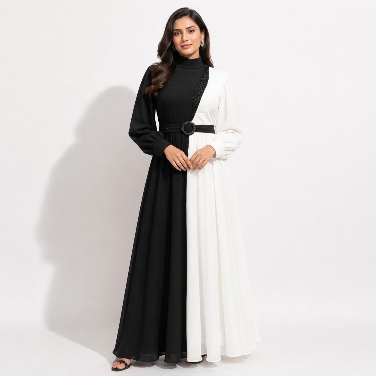 Black & White Contrast High Neck Maxi Gown with Embellished Panel and Belt