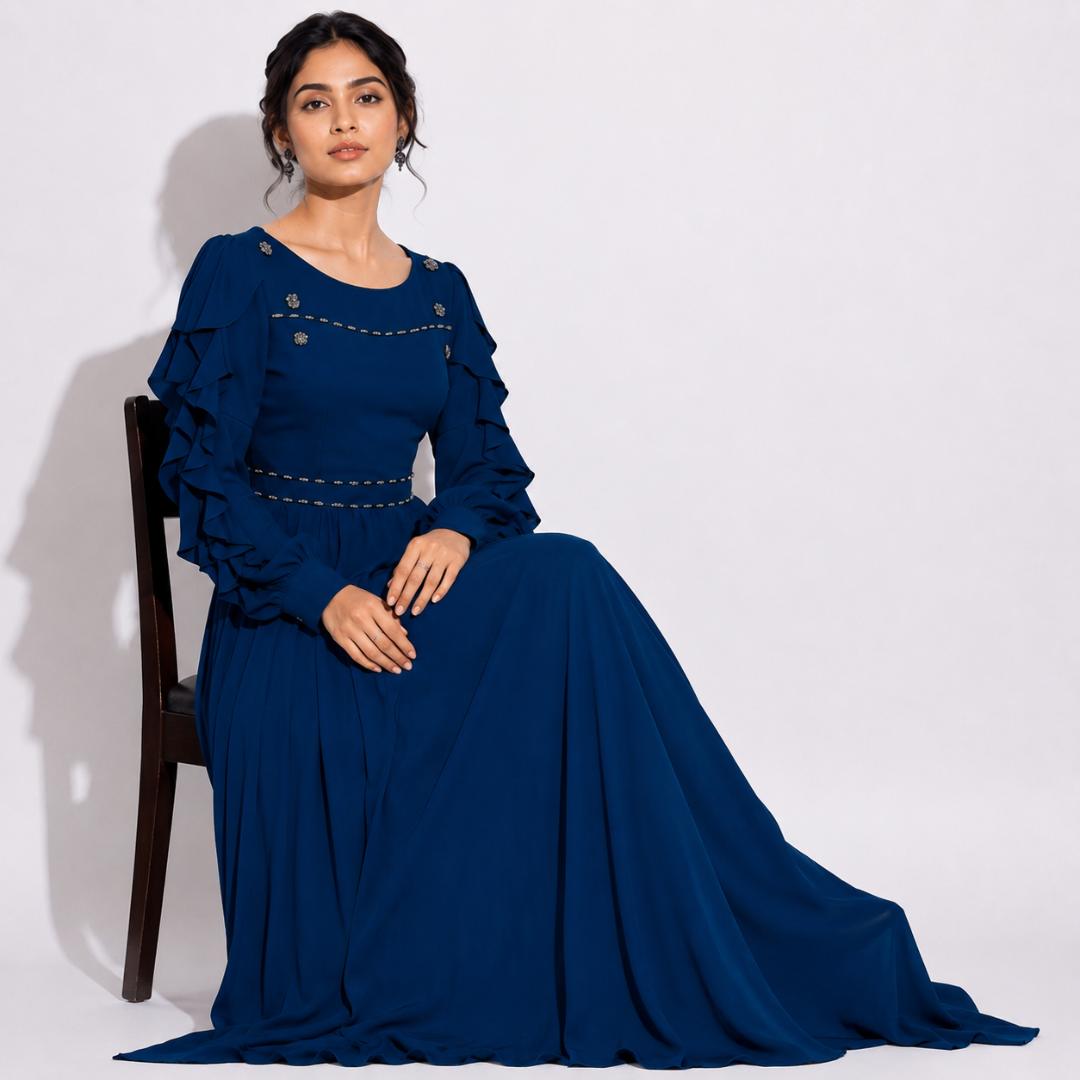 Blue Ruffle Sleeve Elegant Maxi Gown with Embellished Detail