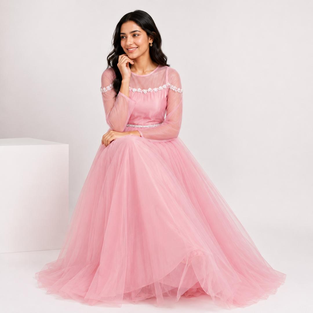 Pink Princess Gown for Women | Baby Pink Ball Gown Tulle Net Fairy