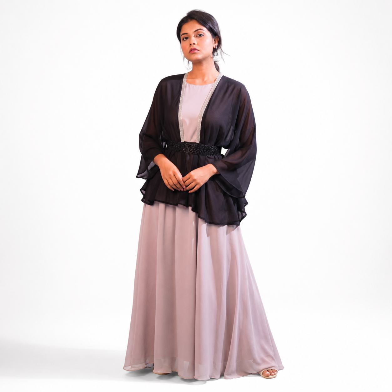 Blush Pink Layered Maxi Dress with Black Sheer Cape