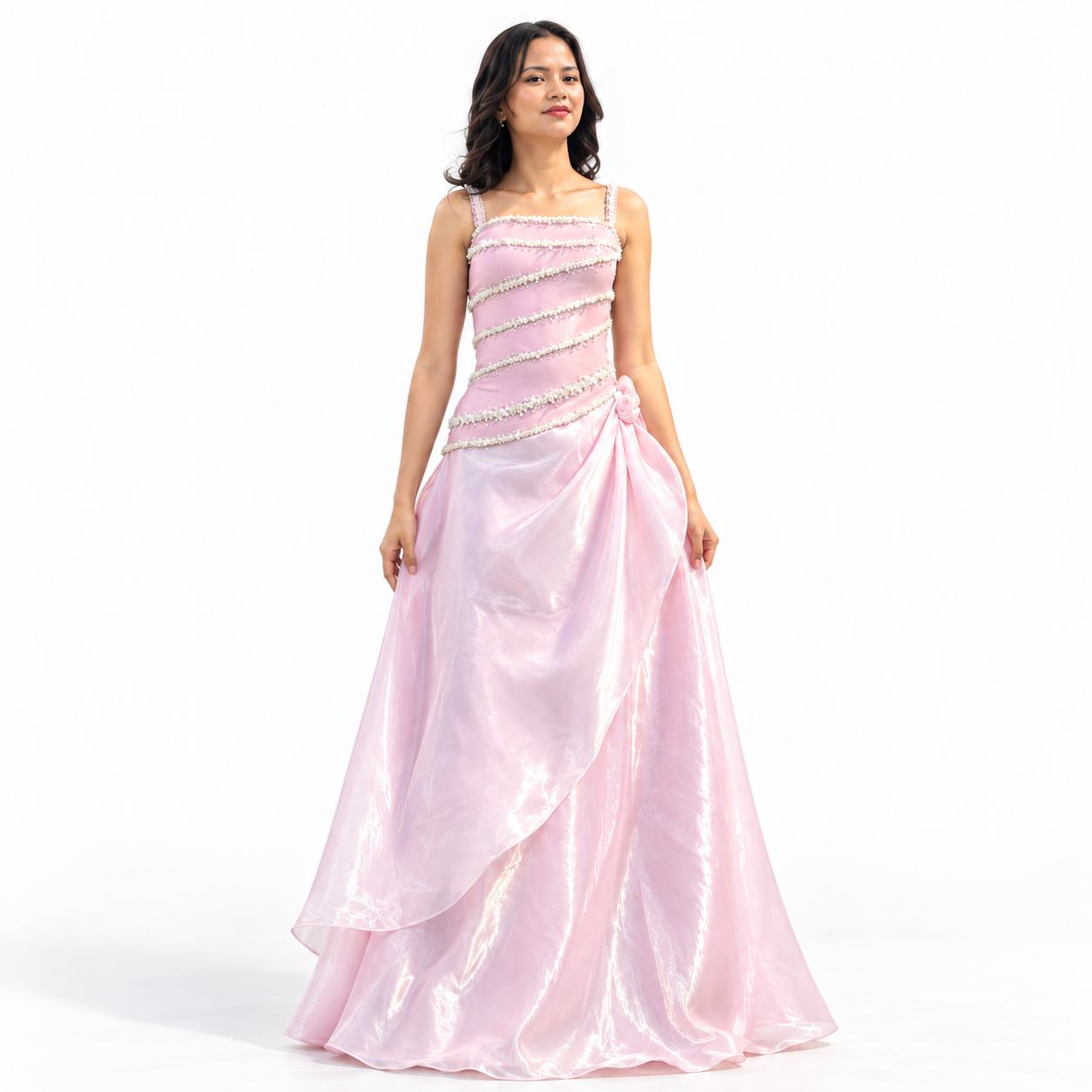Blush Pink Pearl Embellished Draped Ball Gown for Women