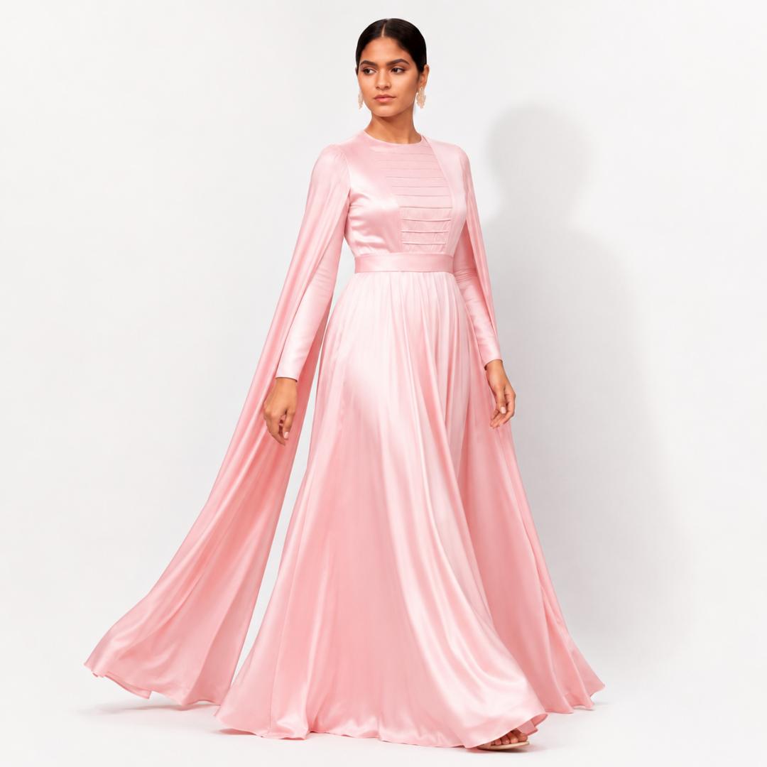 Blush Pink Satin Cape Sleeve Maxi Gown with Pleated Bodice