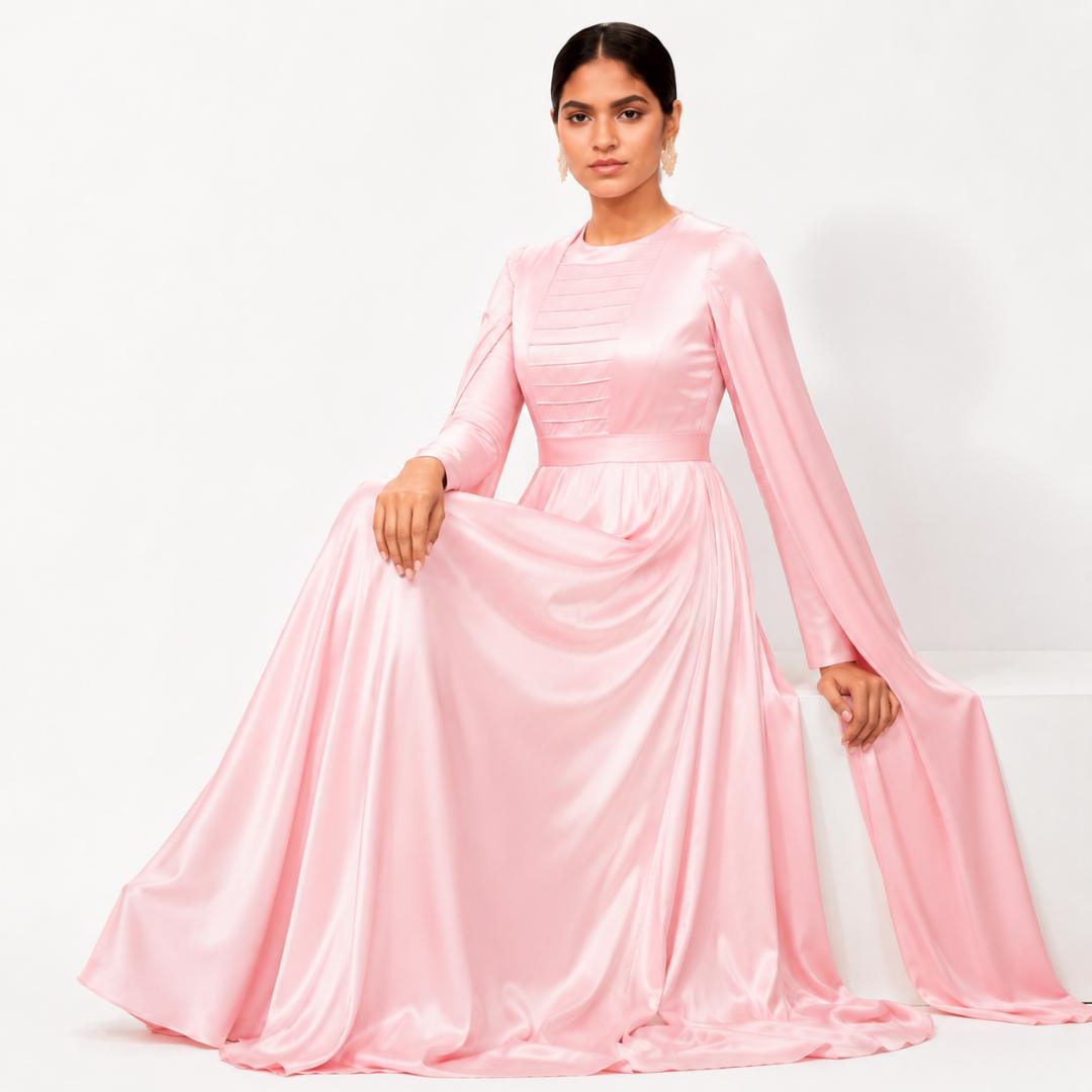 Blush Pink Satin Cape Sleeve Maxi Gown with Pleated Bodice