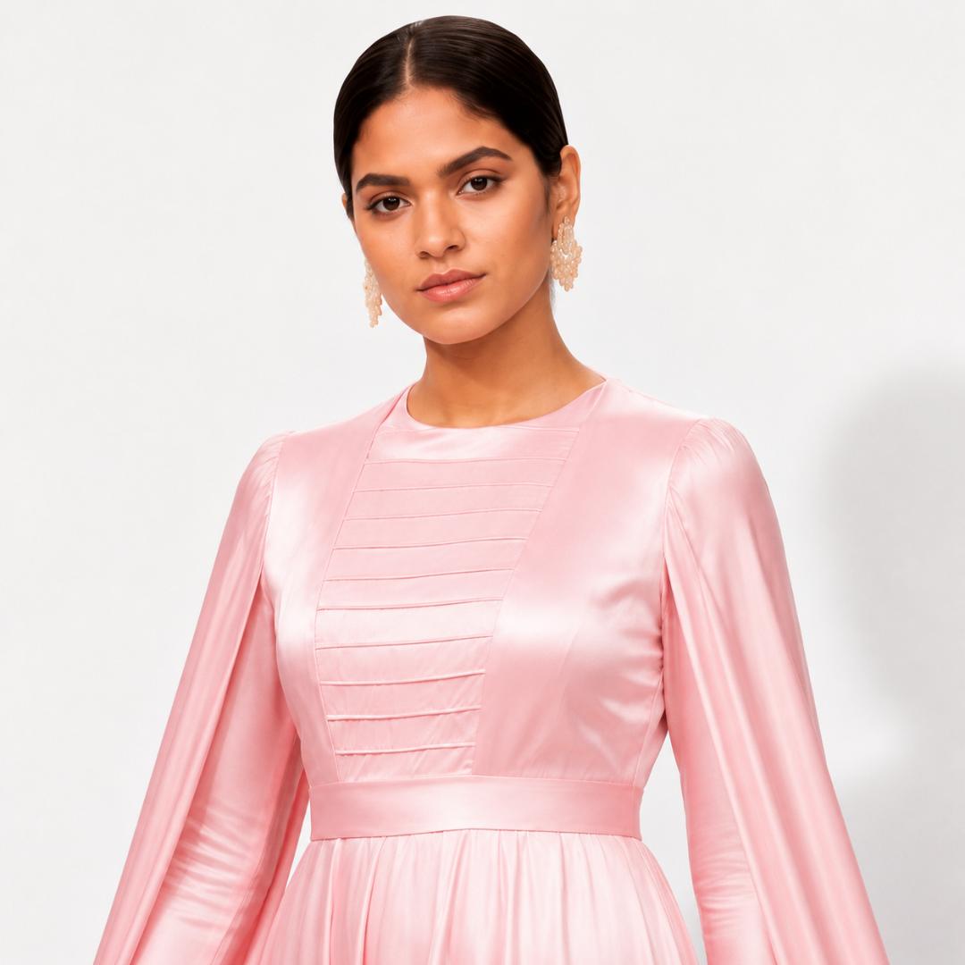 Blush Pink Satin Cape Sleeve Maxi Gown with Pleated Bodice
