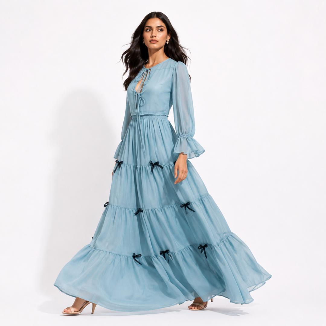 Sky Blue Tiered Maxi Dress for Women | Chiffon Party Wear Long Dress