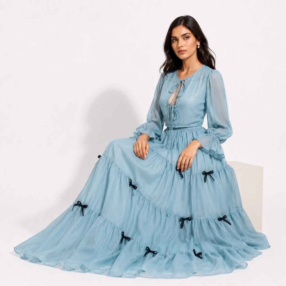 Sky Blue Tiered Maxi Dress for Women | Chiffon Party Wear Long Dress