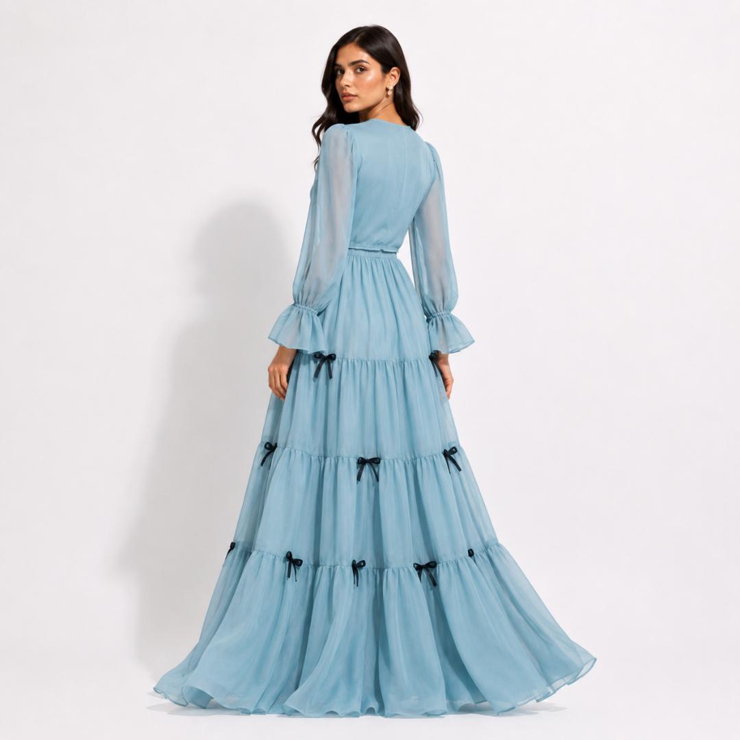 Sky Blue Tiered Maxi Dress for Women | Chiffon Party Wear Long Dress