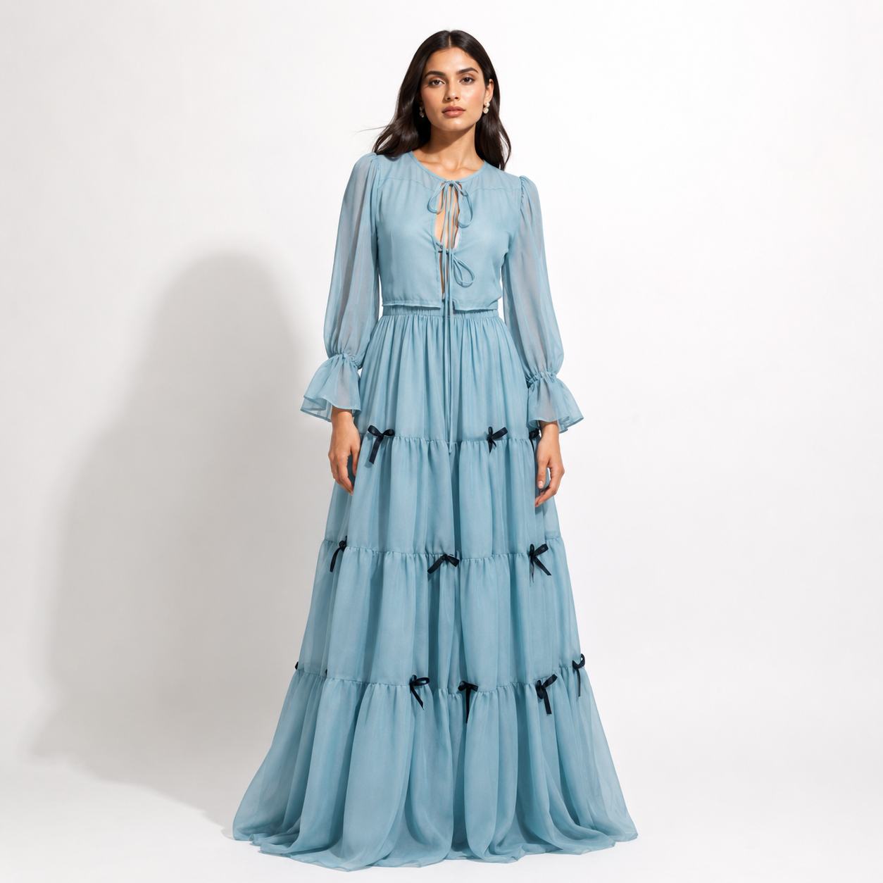 Sky Blue Tiered Maxi Dress for Women | Chiffon Party Wear Long Dress