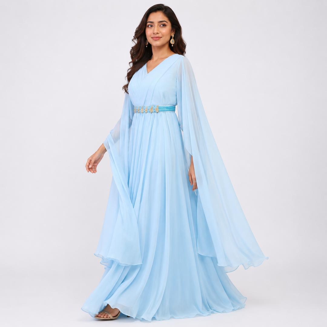 Sky Blue Gown for Women | Cape Sleeve Party Wear Long Gown Wedding