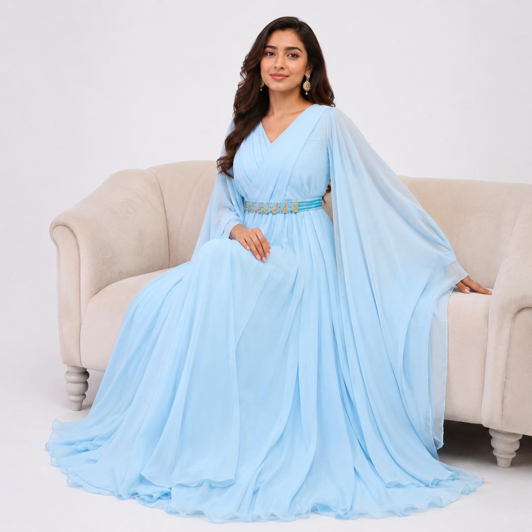 Sky Blue Gown for Women | Cape Sleeve Party Wear Long Gown Wedding