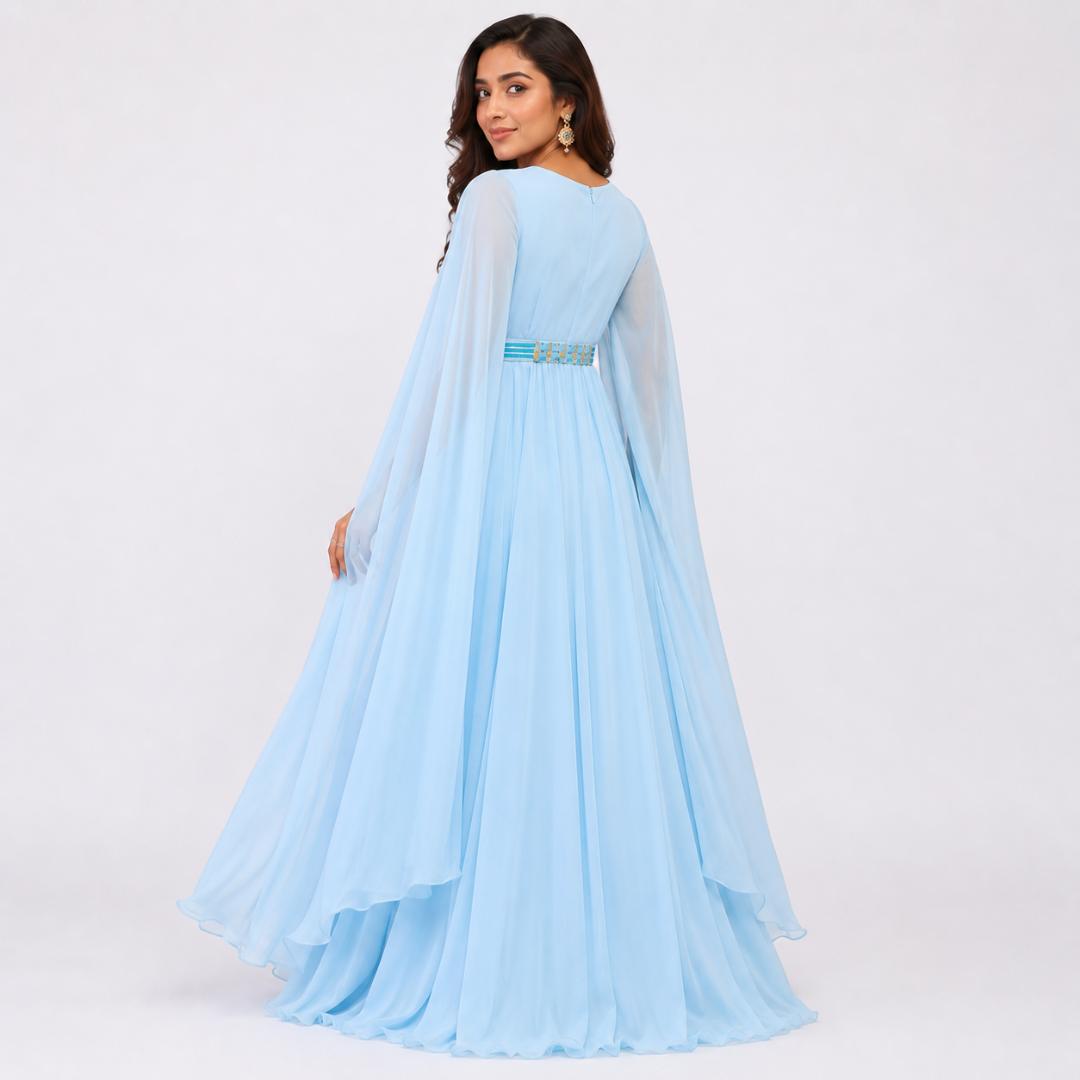 Sky Blue Gown for Women | Cape Sleeve Party Wear Long Gown Wedding