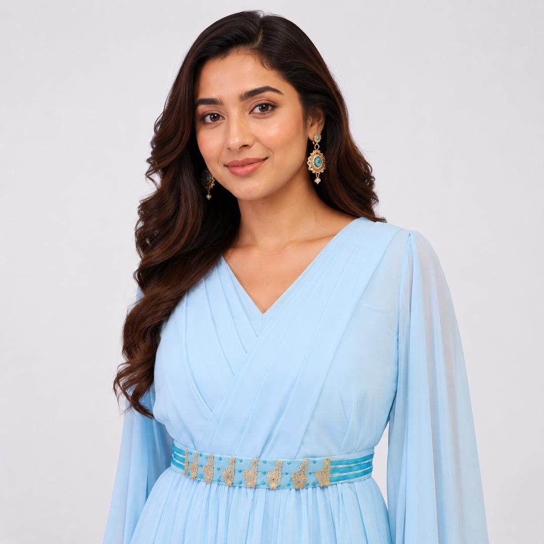 Sky Blue Gown for Women | Cape Sleeve Party Wear Long Gown Wedding
