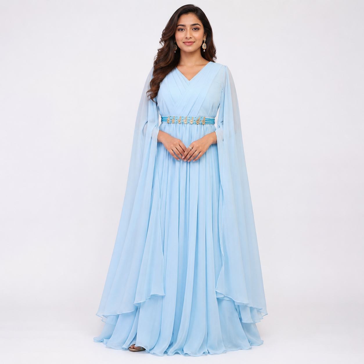 Sky Blue Gown for Women | Cape Sleeve Party Wear Long Gown Wedding