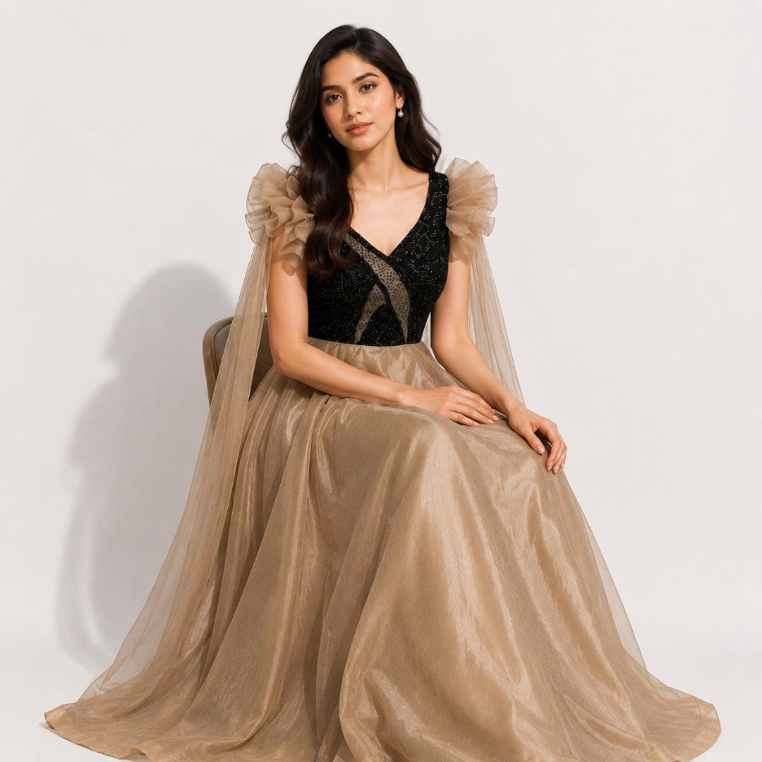 Champagne Gold Flared Gown with Black Embroidered Bodice and Sheer Cape
