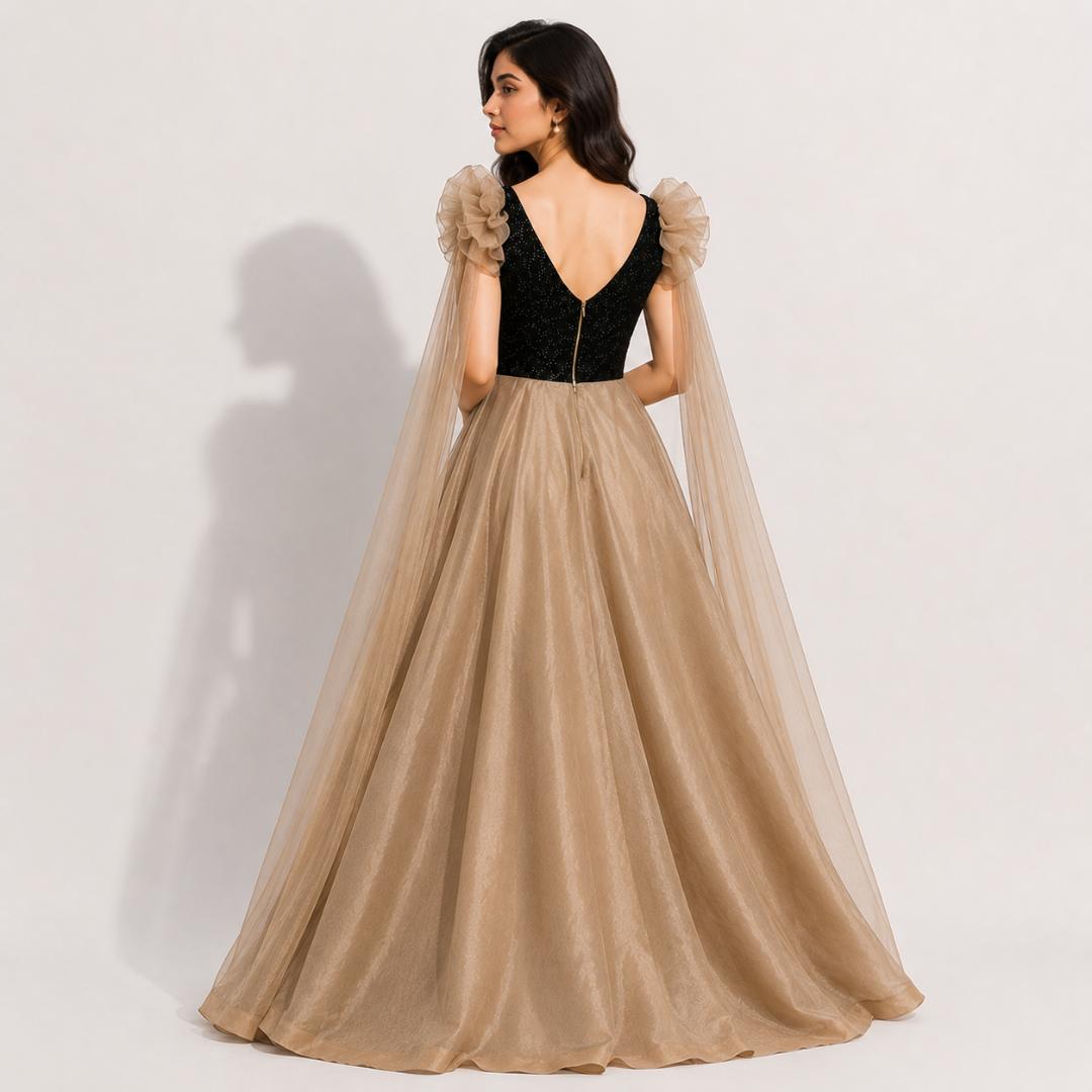 Champagne Gold Flared Gown with Black Embroidered Bodice and Sheer Cape