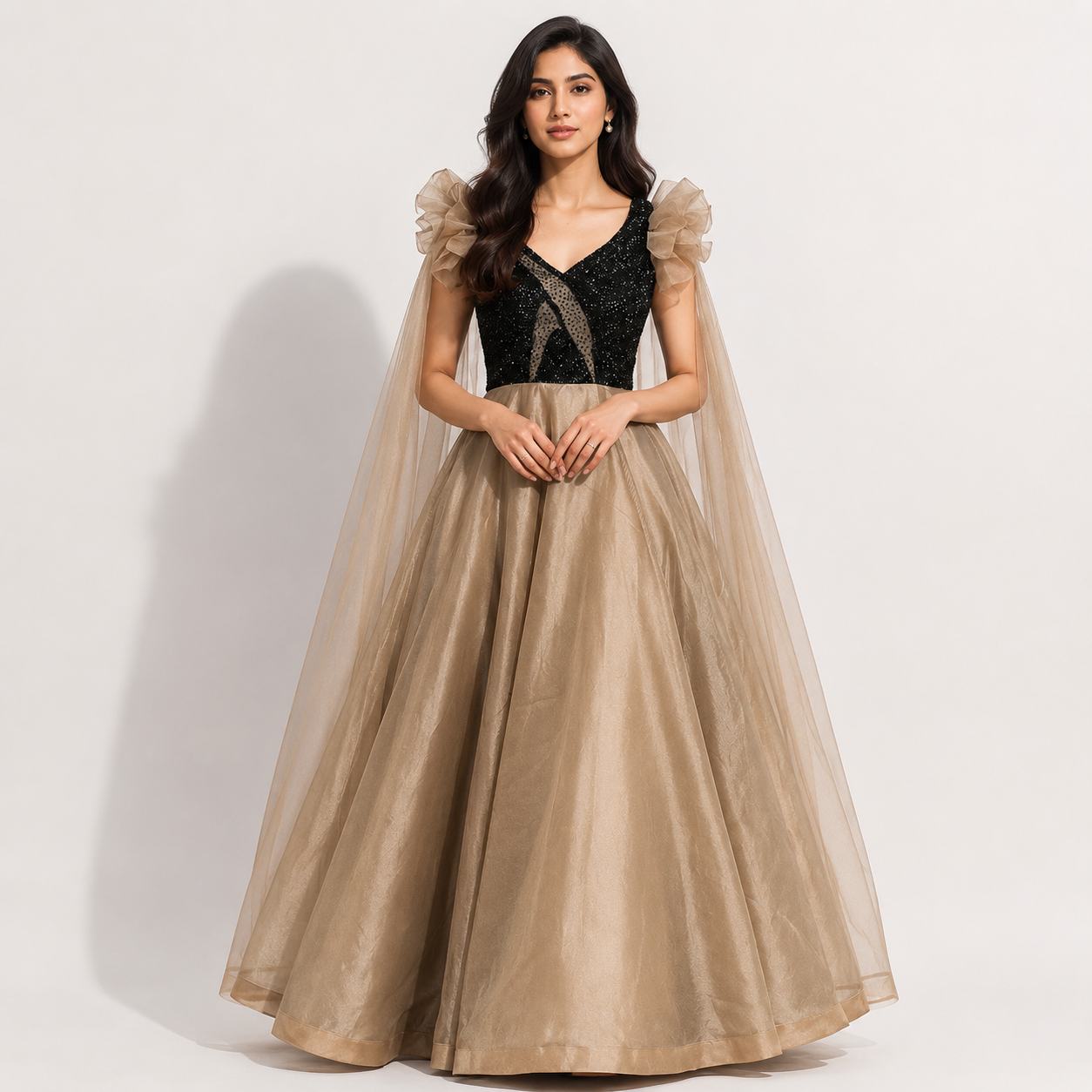 Champagne Gold Flared Gown with Black Embroidered Bodice and Sheer Cape