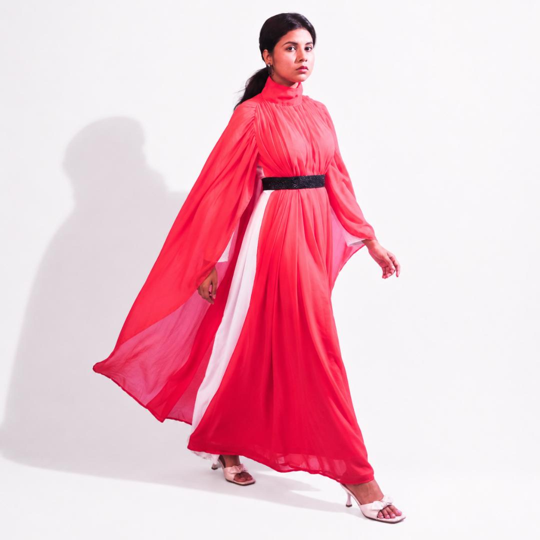 Coral Pink High Neck Cape Sleeve Gown with Black Waist Belt
