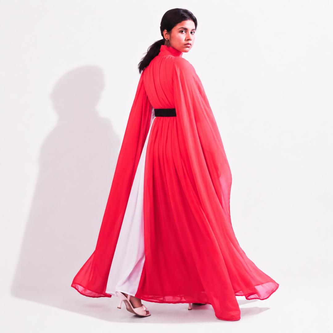 Coral Pink High Neck Cape Sleeve Gown with Black Waist Belt