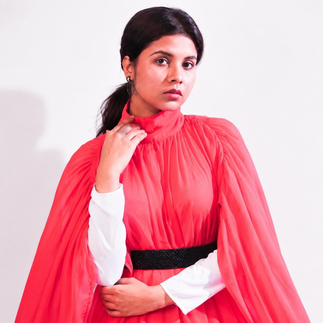 Coral Pink High Neck Cape Sleeve Gown with Black Waist Belt