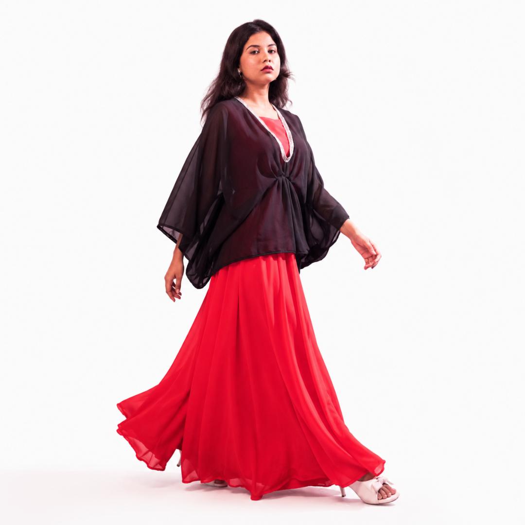 Coral Pink Maxi Dress with Black Sheer Shrug