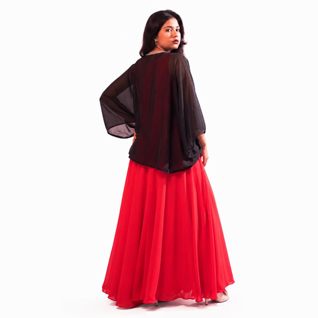 Coral Pink Maxi Dress with Black Sheer Shrug