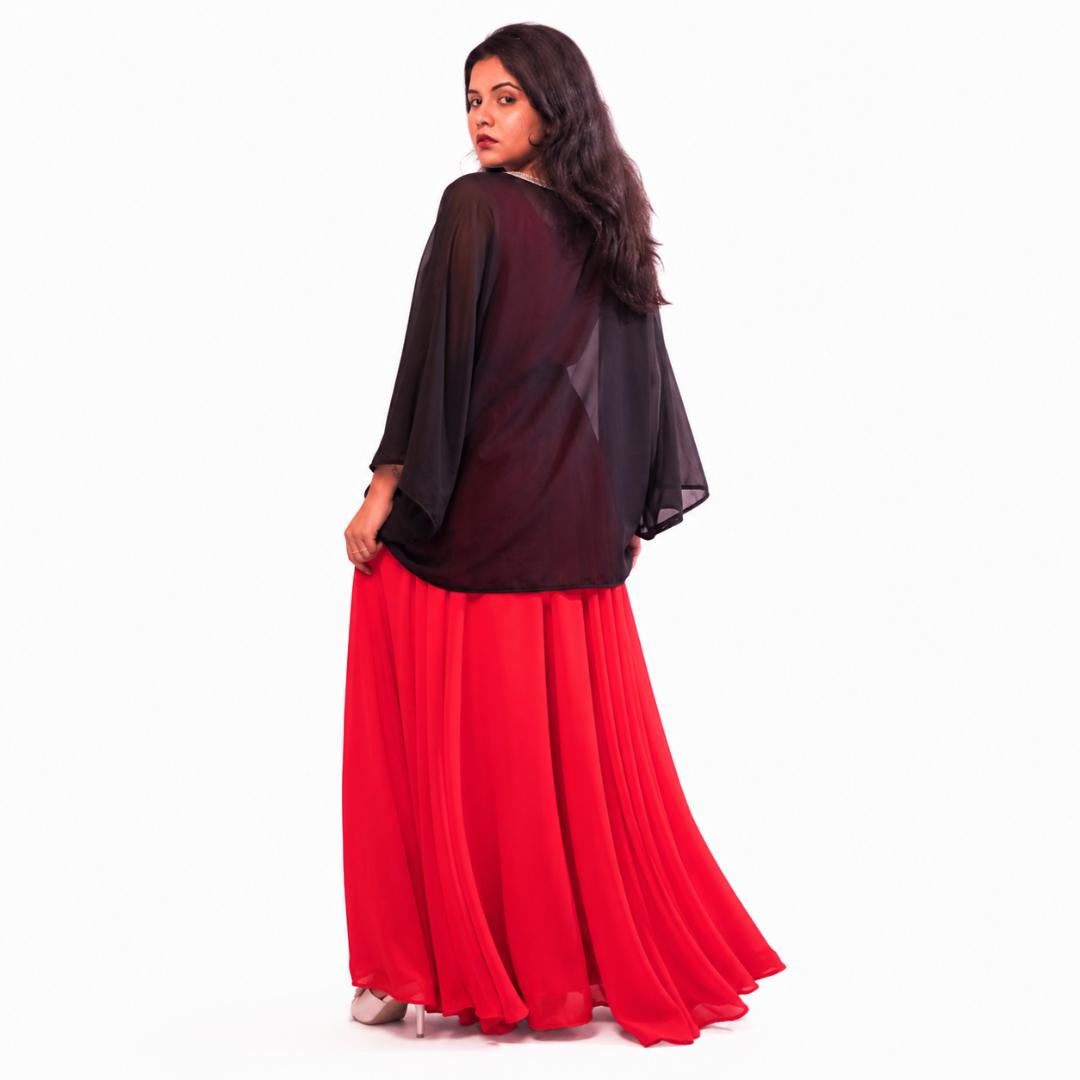 Coral Pink Maxi Dress with Black Sheer Shrug
