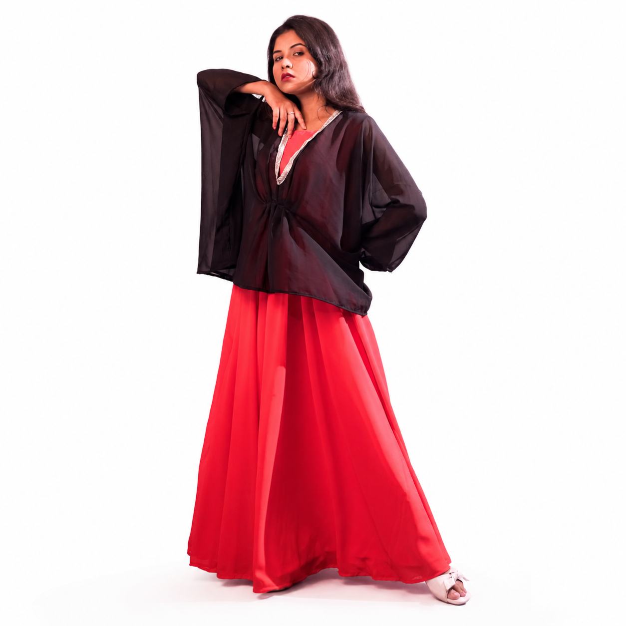 Coral Pink Maxi Dress with Black Sheer Shrug