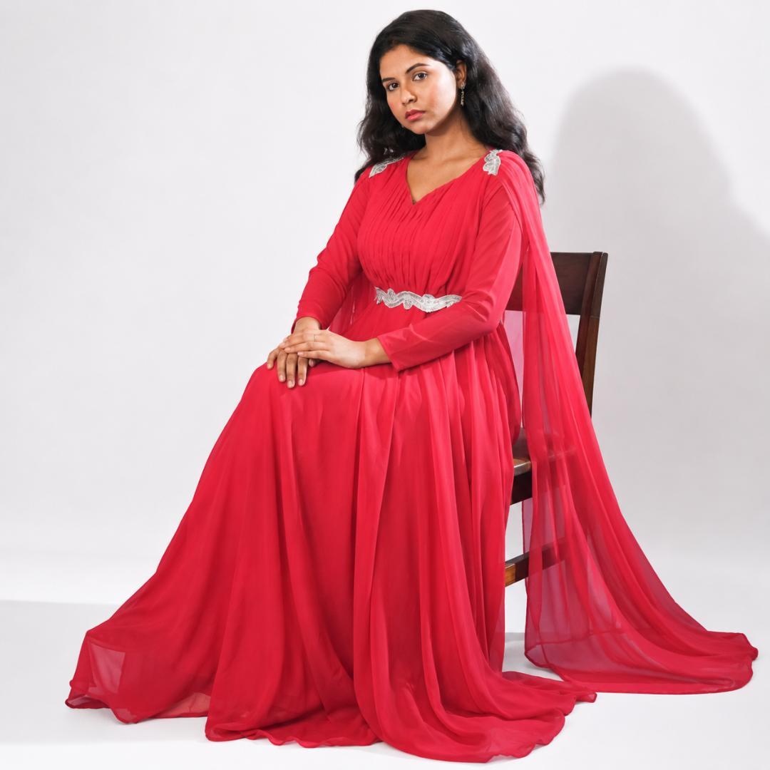Coral Red Pleated Cape Sleeve Gown with Embellished Waist Belt