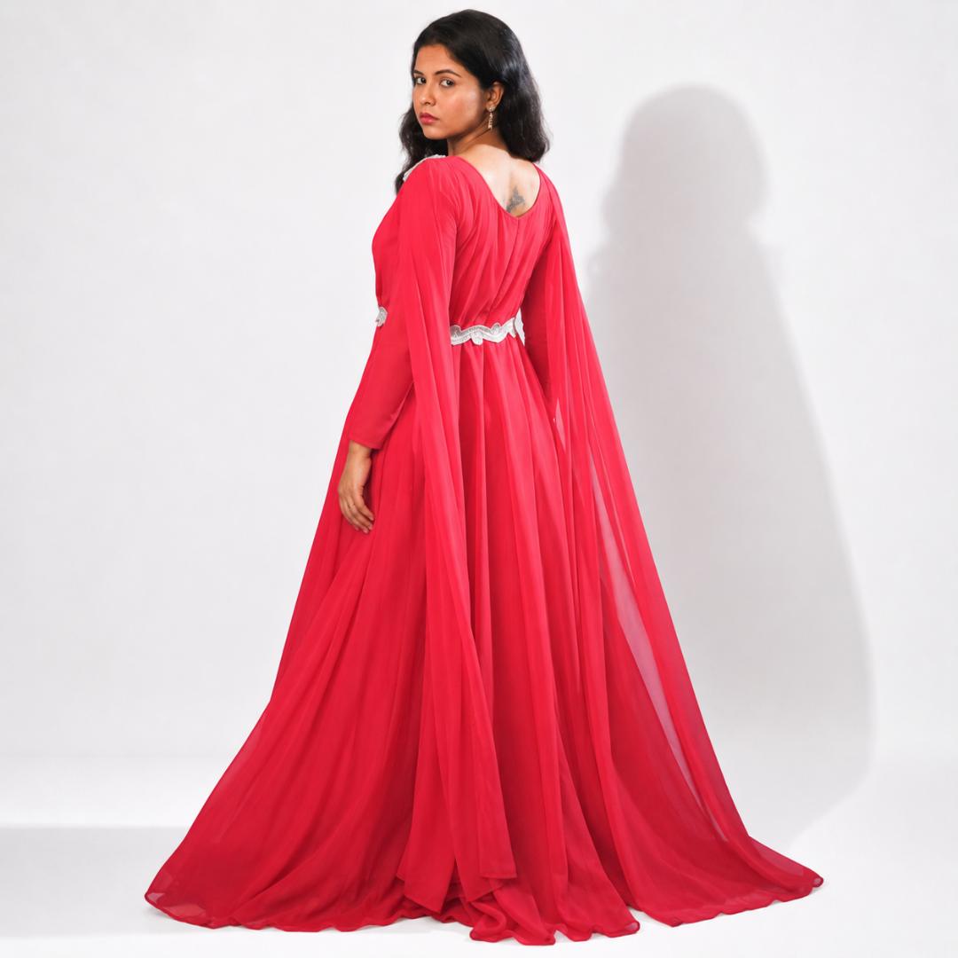 Coral Red Pleated Cape Sleeve Gown with Embellished Waist Belt