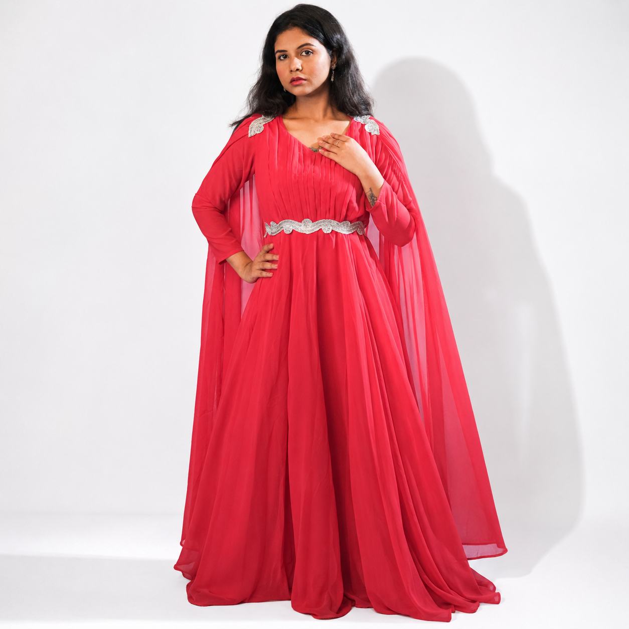 Coral Red Pleated Cape Sleeve Gown with Embellished Waist Belt