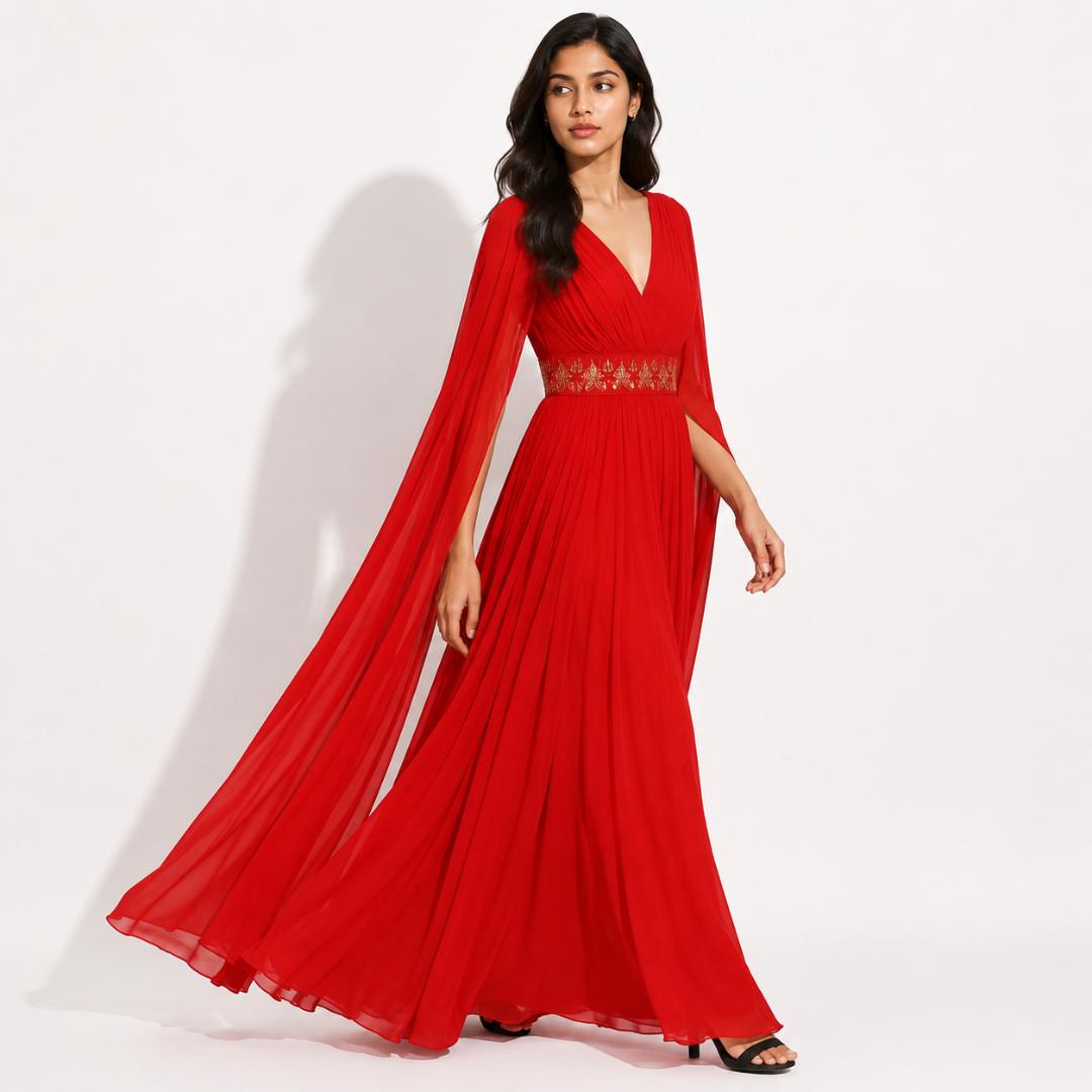 Crimson Red Cape Sleeve Maxi Gown