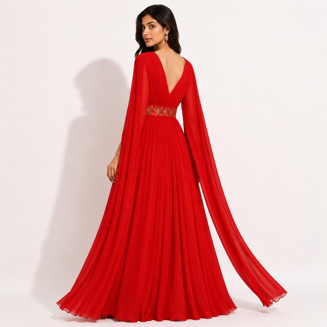 Crimson Red Cape Sleeve Maxi Gown