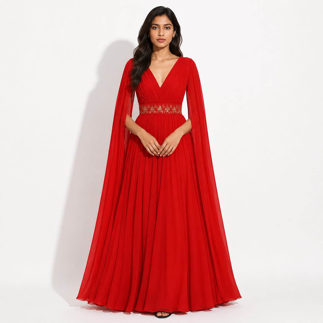 Crimson Red Cape Sleeve Maxi Gown