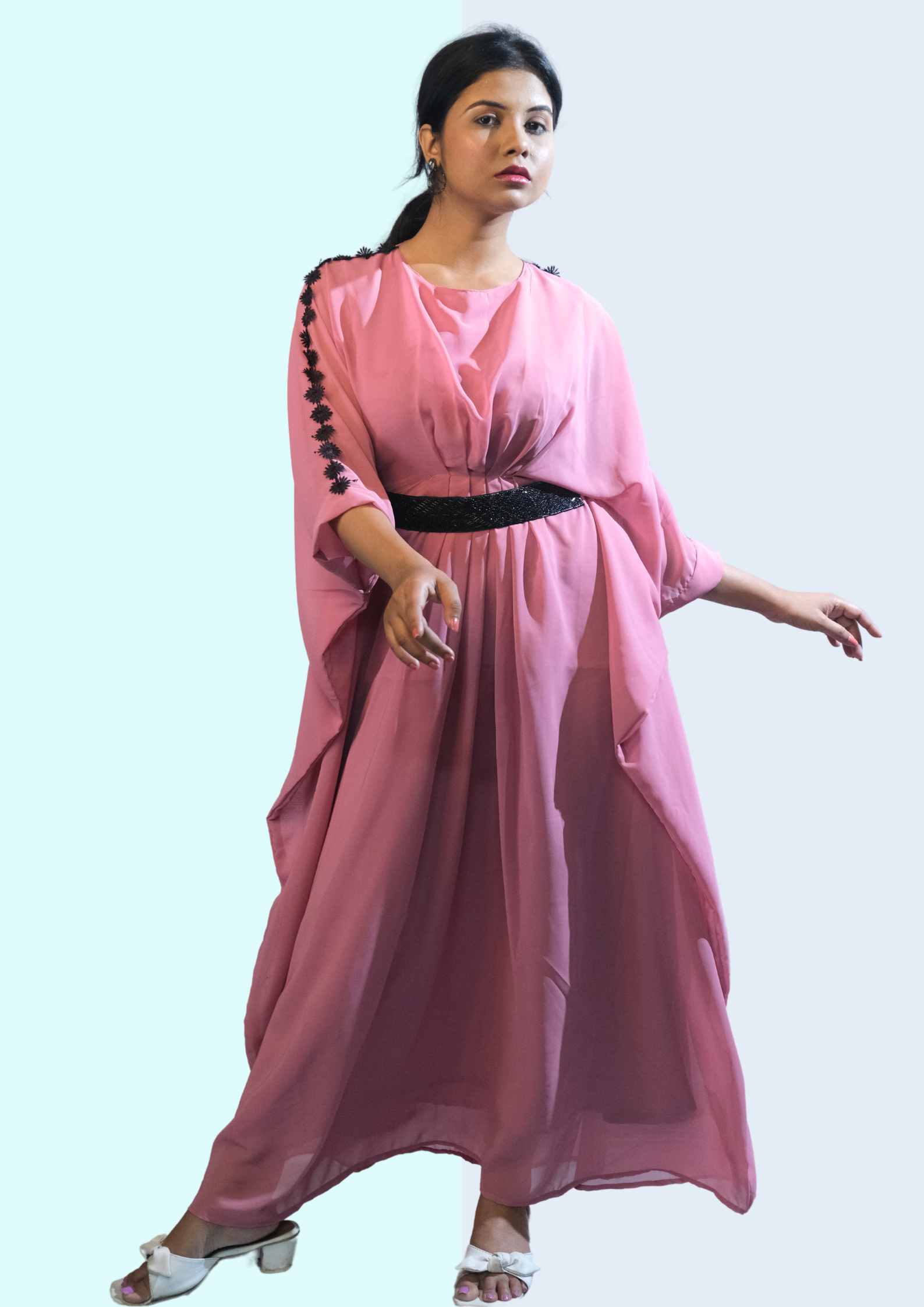 Dusky Rose  Kaftan with Black Belt Detail