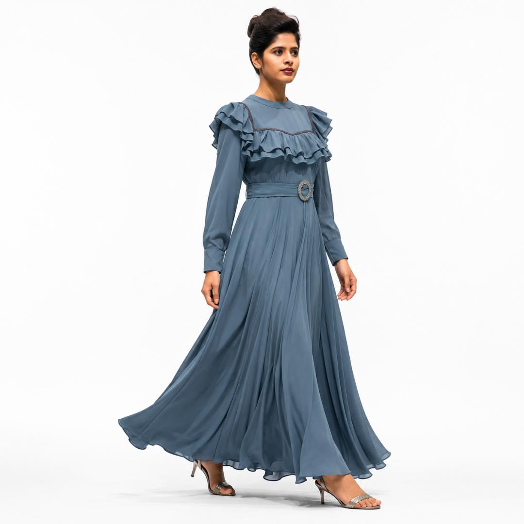 Dusty Blue Ruffle Maxi Dress  with Crystal Belt