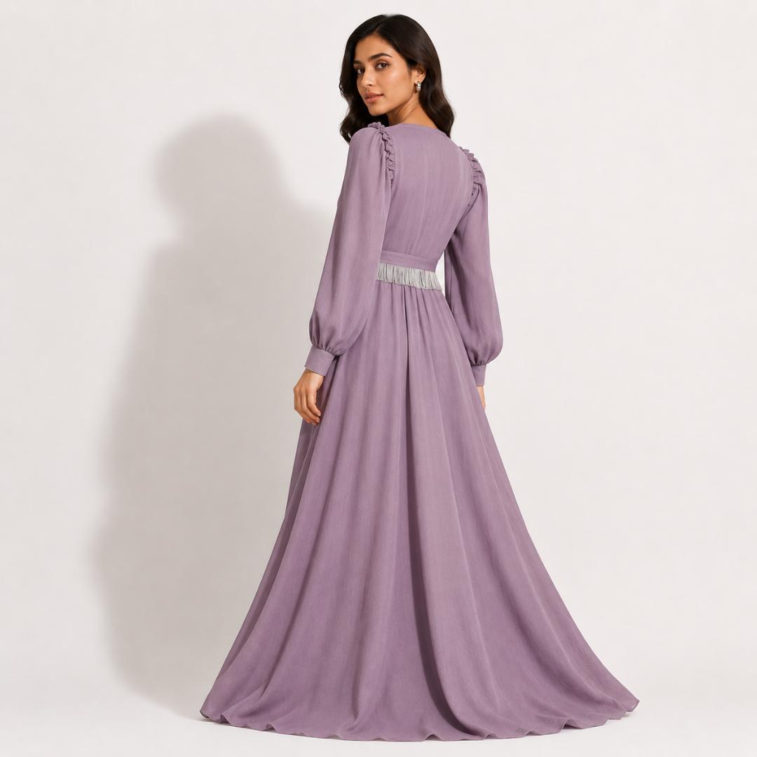 Dusty Lilac Vintage Tie-Waist Maxi Gown