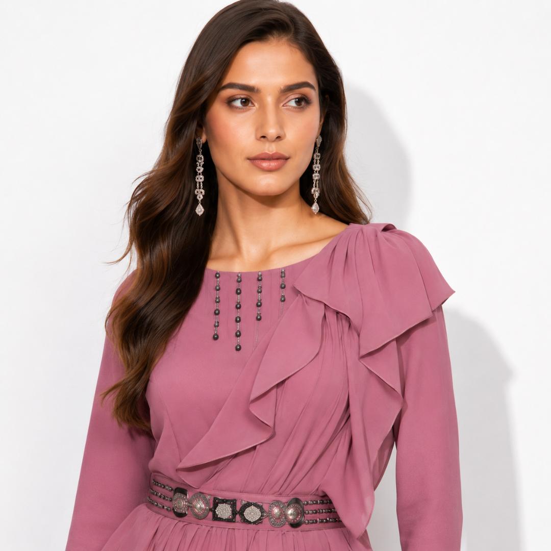 Dusty Rose Ruffle Layered Maxi Gown with Embellished Waist Belt